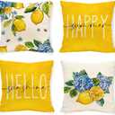 Spring Summer Lemon Pillow Covers Blue Hydrangea 18 x 18 Inch Throw Pillows, Hello Sunshine Decorative Farmhouse Cushion Case for Sofa Couch Set of 4