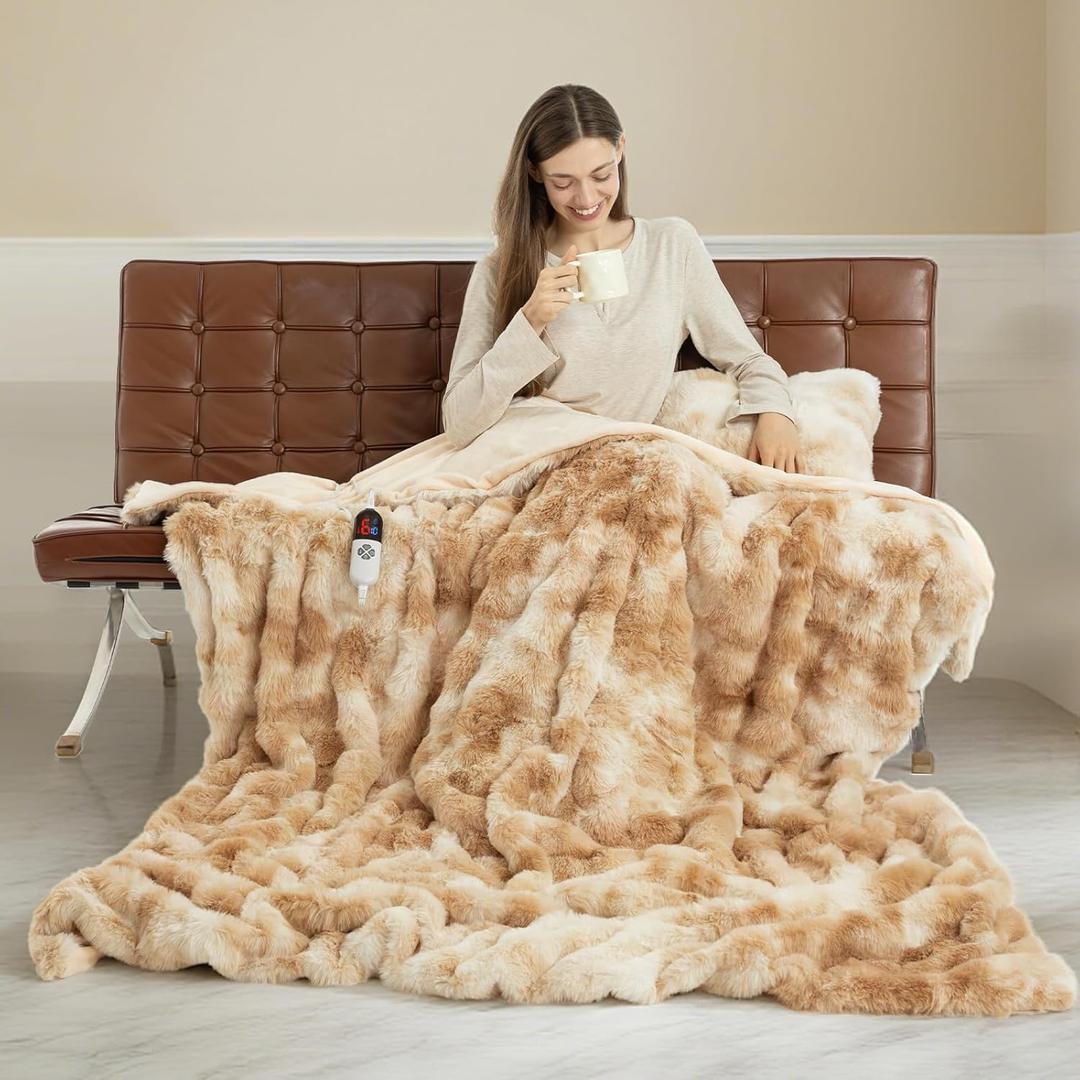 Faux Fur Heated Throw Blanket for Couch - 50"X60" Bubble Faux Fur Electric Blanket Fluffy Fuzzy Soft Thick with 6 Fast Heating Levels & 4 hrs Timer Settings, Washable & ETL Certified, Tie-Dye Beige