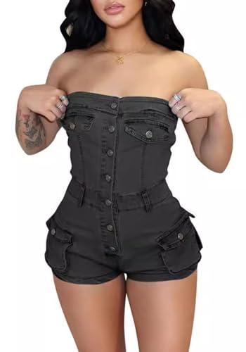 Quzzion Summer Jean Tube Top Jumpsuits for Women Trendy Cargo Denim Rompers Sexy, M