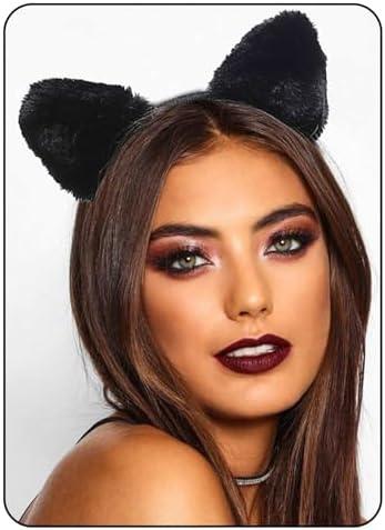 Catery Black Cat Ears Headband Halloween Fuzzy Cat Ears Headbands for Women