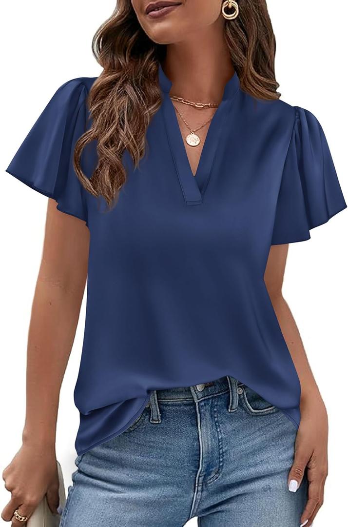 PRETTYGARDEN Women's 2026 Summer Satin Blouses Dressy Casual Ruffle Cap Sleeve V Neck Business Work Cute Tops Spring Outfits