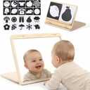 IEATFO Tummy Time Play Set Adjustable Angle, Double-Sided Design, Montessori Tummy Time Toys Large Baby Safe Mirror and Card Display Stand with Black and White High Contrast Baby Cards