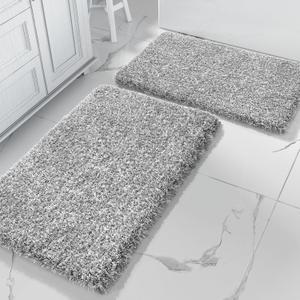 Yimobra Bathroom Rug Set 2 Piece, Soft Absorbent Microfiber Bath Mat Set, Non Slip Machine Washable Dry, Plush Shaggy Shower Rugs for Bathroom Floor, 32"x20"+24"x17", Light Gray and White