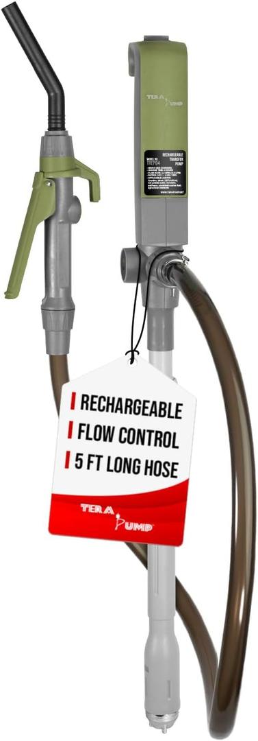 TERA PUMP E85 Fuel Barrel Rechargeable Battery Powered Transfer Pump - 3.2 GPM w/Telescoping Intake tube, Lever Action Style Fuel Nozzle (5 FT Hose)