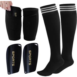 Soccer Shin Guards Shin Pads Shin Guards Sleeves with Inserted Pocket and Long Soccer Socks for Soccer Games Team Sports (Small, Black)