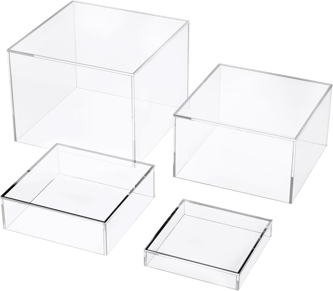 Set of 4 Crystal Clear Acrylic Boxes Cube Display Buffet Nesting Risers with Hollow Bottoms