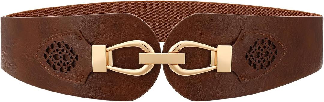 Womens Western Wide Waist Belt for Dress Vintage Stretchy Elastic Belt with Chunky Gold Buckle