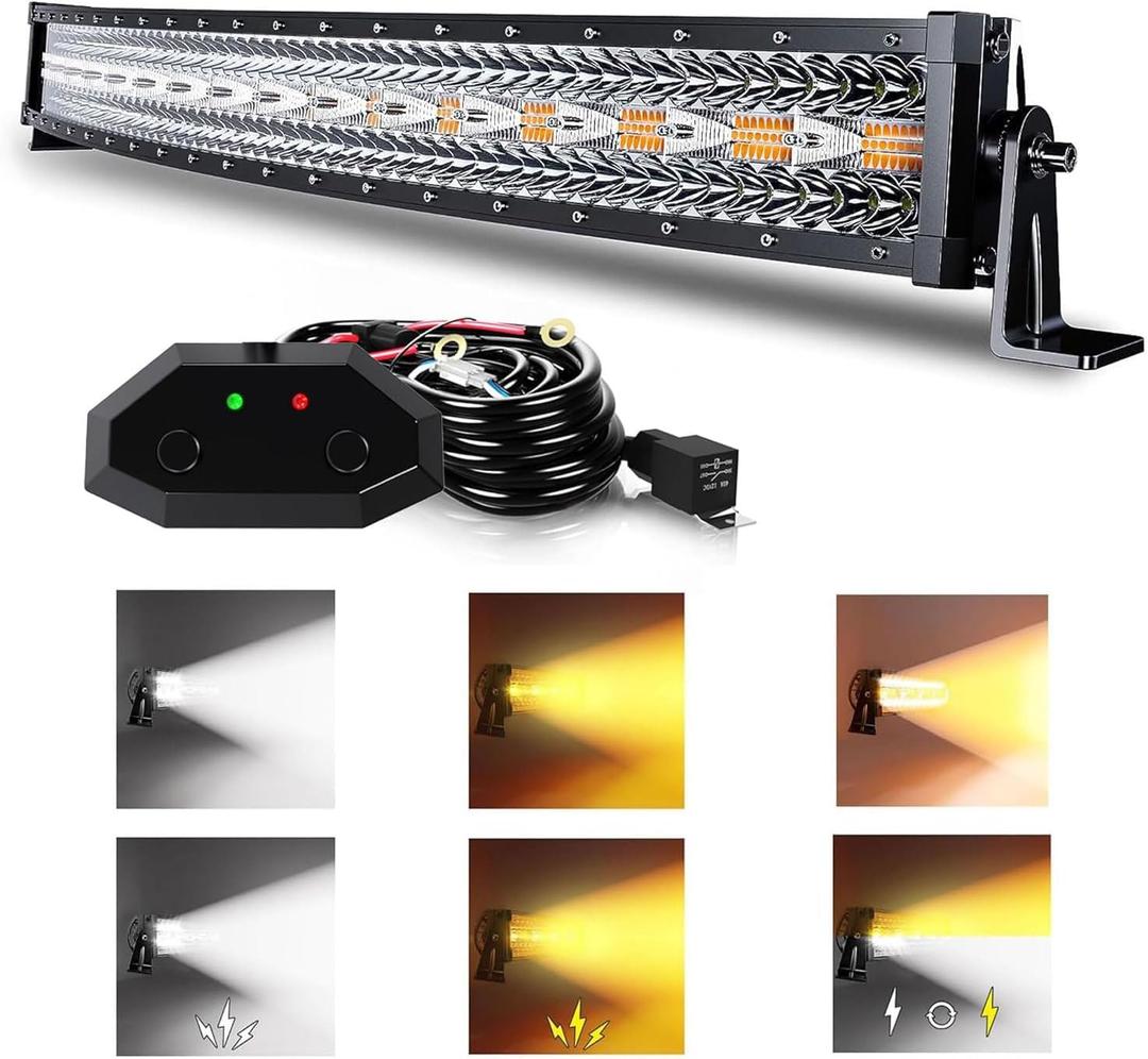 ASLONG 32 Inch 180W Curved LED Light Bar White/Amber Flasing Strobe with Six Modes Spot Flood Combo Offroad Driving Light, 1pcs Wiring Harness Switch for Pickup Offroad Truck 4WD SUV ATV UTV