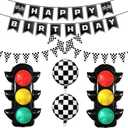 Race Car Birthday Party Decorations with Traffic Light Balloons,Automobile Party Decor for Kids Include Transportation Light Balloons Happy Birthday Banner Checkered Pennant Banner Checkered Balloon