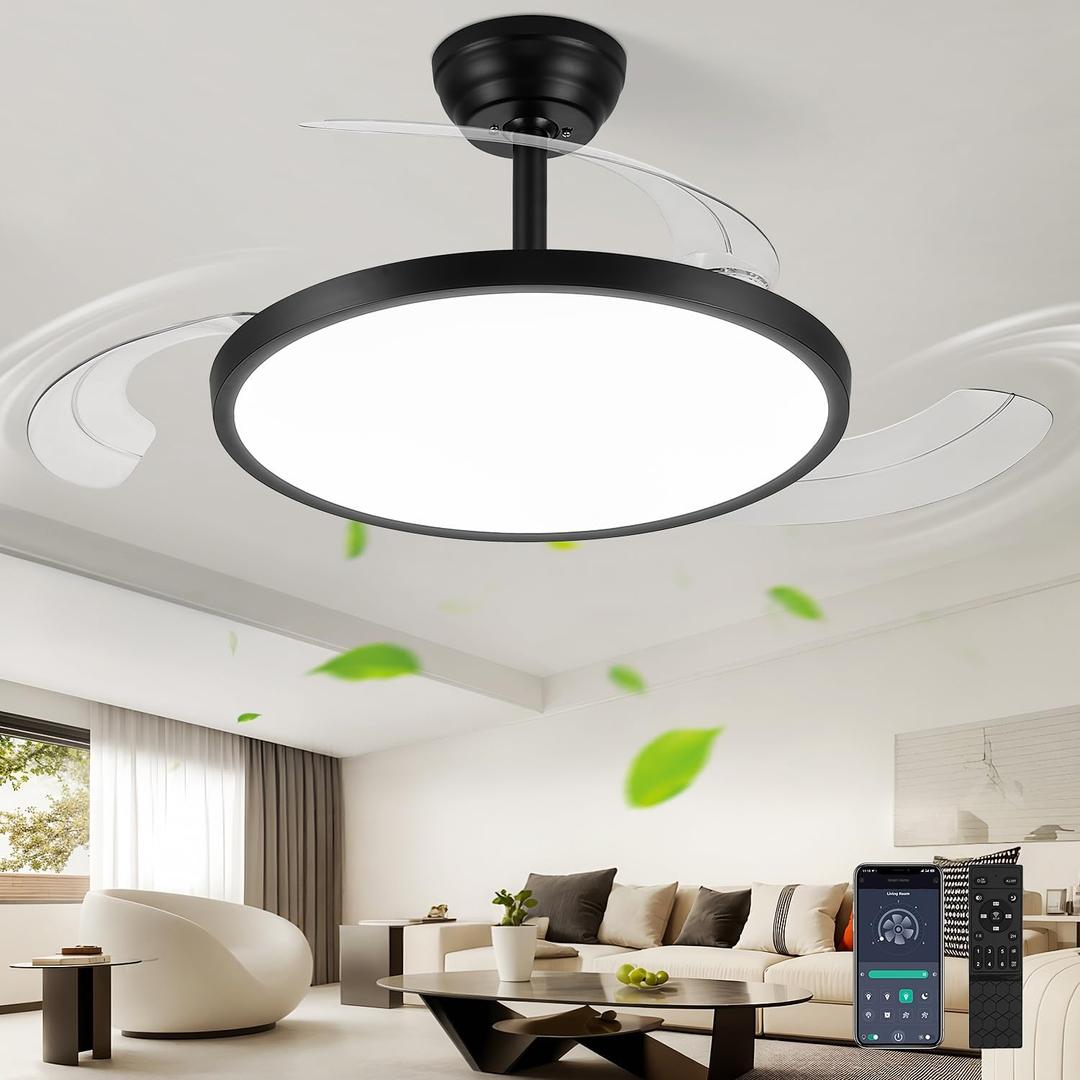 42" Retractable Ceiling Fan with Lights, Slim Fandelier Ceiling Fans with Lights and Remote, Dimmable 6 Speed Silent Modern Ceiling Fan with Light for Bedroom Living Room Kitchen-Black