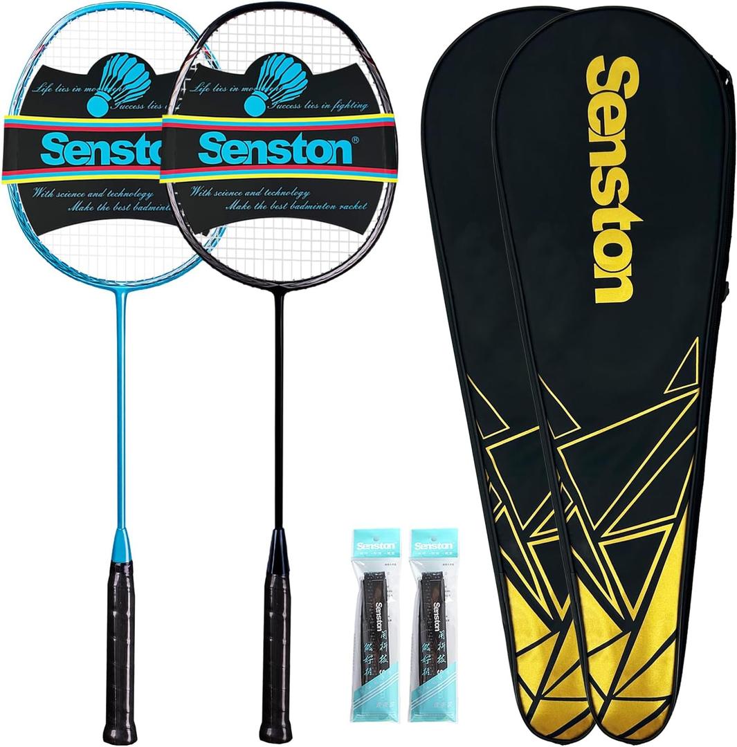 Senston Badminton Racquet Lightweight Professional Full Carbon-Fiber 5U Badminton Rackets Set with Grip (Black+Blue)
