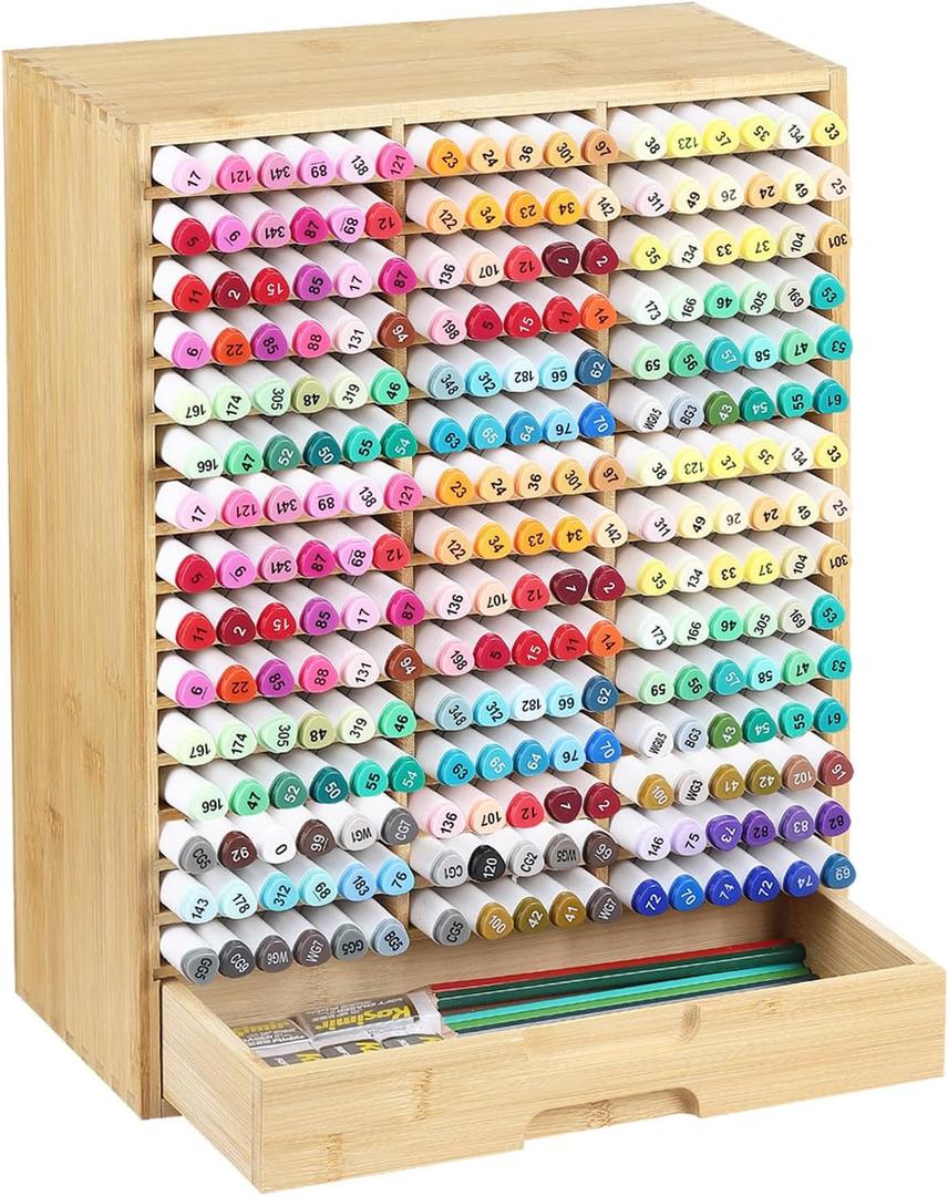 AUTOARK Bamboo Marker Organizer for 225 Markers,Desktop Storage Hold with drawers,Art Markers Pens Pencils Art Brushes Stationary Organizer Marker Pen Holder,AHK-063