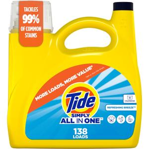 Tide Simply Liquid Laundry Detergent, Refreshing Breeze Scent, 138 Loads, 182 fl oz, All-In-One Detergent