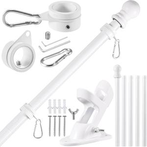 BONWIN White Flag Pole Kit for Outside House, 6FT Thickened Stainless Steel Wall Mount Flag Pole for 3x5'/ 4x6' Flag, 1" Anti-Wrap Spinning Flag Ring Clips & 2-Position Bracket Holder for Porch Yard