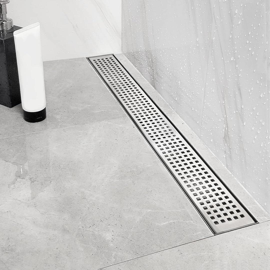 Neodrain 24-Inch Linear Shower Drain with Quadrato Pattern Grate,Brushed 304 Stainless Steel Rectangle Shower Floor Drain,Linear Drain with Leveling Feet,Hair Strainer