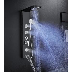 Multi-Function LED Lights Shower Panel System Black, 5 in 1 Shower Panel Include Rainfall & Waterfall Shower Head, 3 Pcs Adjustable Massage Jets, Handheld Shower, Tub Spout