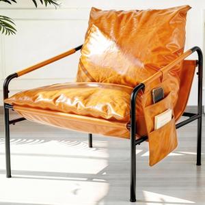 Modern Bright Orange Oversized Faux Leather Chair, Recliner Armchair, Comfy Accent Chair with Sturdy Metal Frame, Armrest bag, Indoor Outdoor couch sofa Chair for Living Room Bedroom Patio lounge, Large