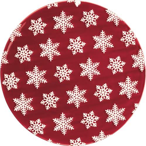 Primitives by Kathy Dinner Plate - 4 red stoneware plate featuring white snowflake pattern