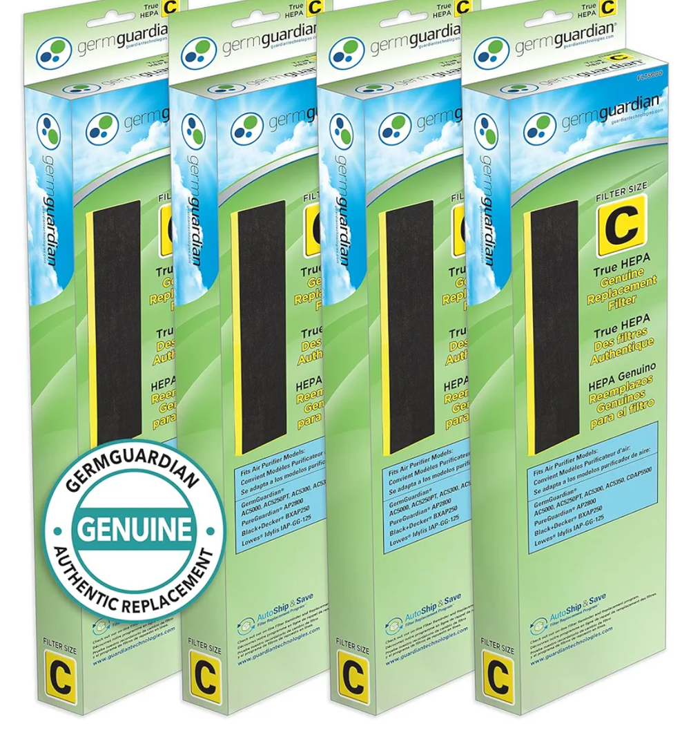 GermGuardian Filter C HEPA Pure Genuine Air Purifier Filter, Removes 99.97% of Pollutants, Wildfire Smoke, Odors, for AC5250PT, AC5000, AC5300, AC5350, AP2800, 4-Pack, Black/Yellow, FLT50004PK