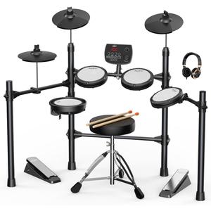 AiJoy Electric Drum Set with Quiet Mesh Pads, 5 Drums, 3 Cymbals, Dual-Zone Snare, USB MIDI, Intelligent Sound Module, Drum Throne, Headphones, Sticks, 25 Kits & 195+ Sounds for Beginners & Adults (ADD20)