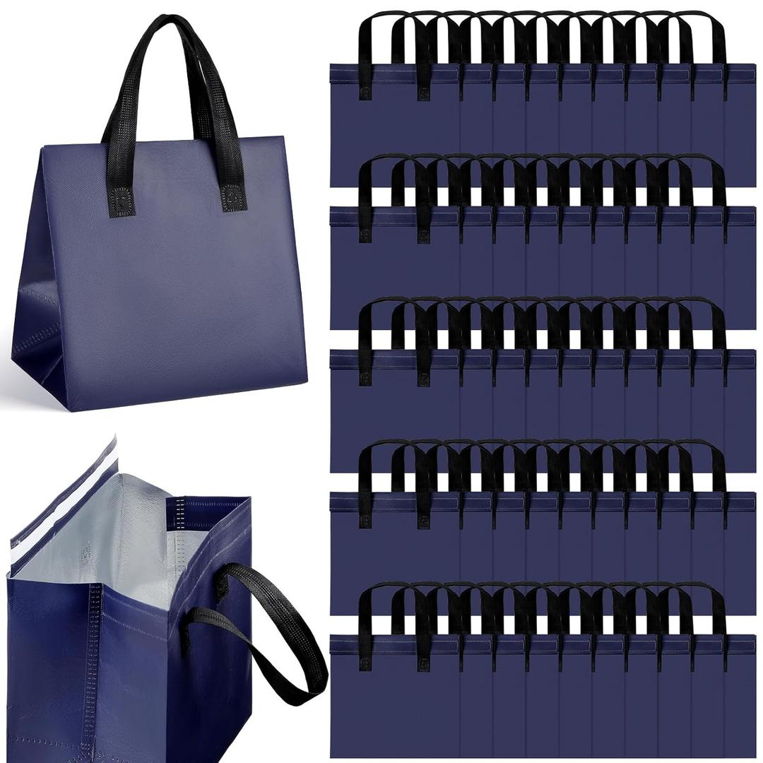Insulated Take Away Bags Bulk Thermal Insulation Food for Coffee Milk Tea Hot Cold Food Fresh Seafood Cooler Pizza Delivery Bags for Catering Restaurant Grocery(Classic,Navy Blue,50 Pcs)