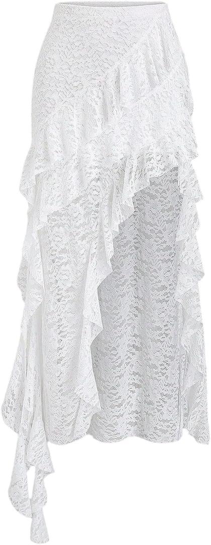 SHENHE Women's Lace Long Skirt Asymmetrical Layered Ruffle Flowy Sheer Y2k Fairy Skirt, Size: X-Small Petite