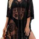 Sexy Elegant Lace Beach Cover Up for Women, Bathing Suit Cover Up, V-Neck Swimsuit Coverup for Poolside, Seaside and Party (Black), One Size