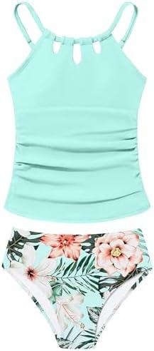 BAVADER Girls Swimsuit Tropical Floral Girls Bathing Suits Teen Swimsuits for Girl 16-18 Teen Bathing Suits for Girl 16-18 Removable Pad Size 18 Two Piece Swimsuits Cute Swimwear Tankini Mint Green