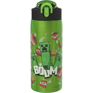 Zak Designs Minecraft Water Bottle for Travel and At Home, 19 oz Vacuum Insulated Stainless Steel with Locking Spout Cover, Built-In Carrying Loop, Leak-Proof Design (Creeper)