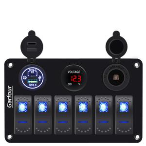 Waterproof 6 Gang Aluminum Boat Switch Panel Marine Rocker Switch with 12V Voltmeter Type C and QC3.0 USB Charging Socket for Car Boat