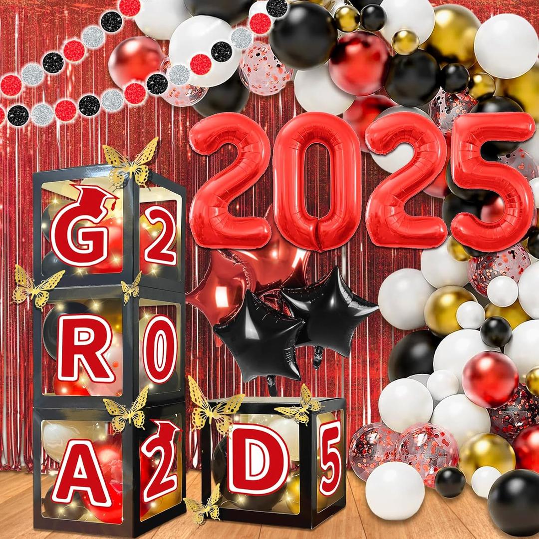 107 Pcs Black and Red Graduation Decorations Class of 2025 - Graduation Balloon Boxes, Balloon Arch Garland Kit, Fringe Curtains, Party Decorations 2025 for Any Grades
