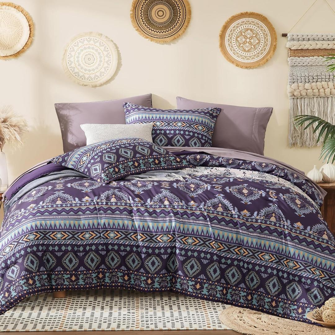 Geniospin Queen Comforter Set - 7 Pieces Bedding Set, Boho Bed in A Bag, Lightweight Soft Aztec Bedding, All Season Bed Comforter Set with Sheets, Pillowcases & Shams