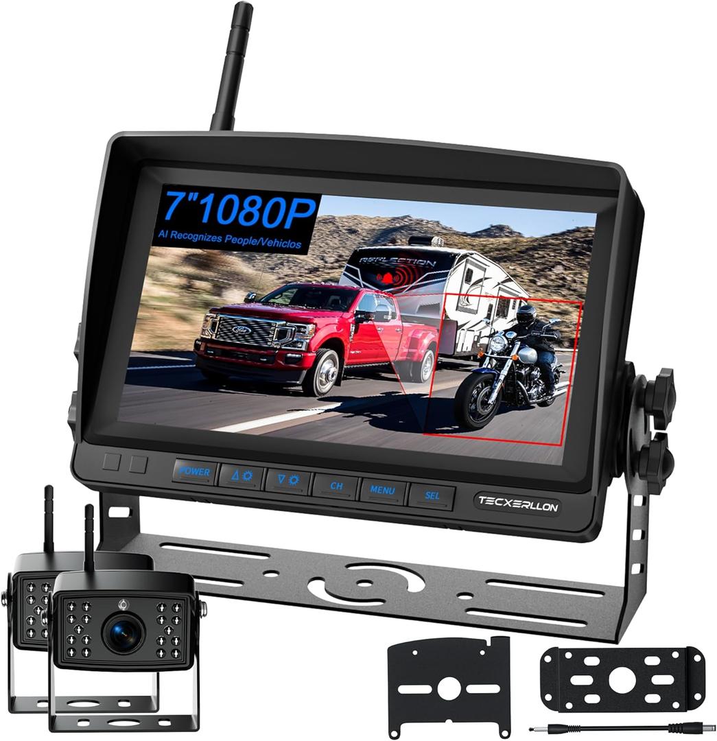 TECXERLLON RV Backup Camera, 7'' 1080P Vehicle Backup Cameras with AI Detection, Waterproof Wireless Backup Camera with DVR Recording & Night Vision for Car, Van, SUV, Truck, Trailer