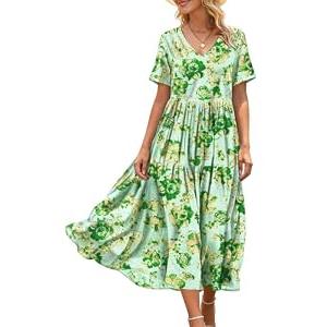 YESNO Women's Summer Maxi Dresses Casual Floral Short Sleeve V Neck Boho Beach Vacation Swing Dress with Pockets XL