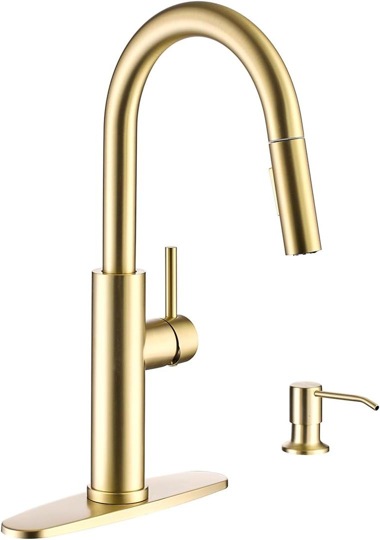 Kitchen Faucets with Soap Dispenser Pull Down Sprayer, Gold