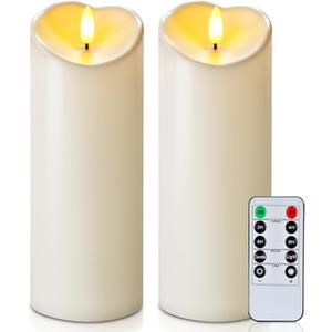 Homemory Outdoor Waterproof LED Candles, Battery Operated with Remote and Timers, Electric Fake Plastic Pillar Candles, Ivory White, Set of 2