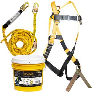 Guardian 00815 Rooftop Safety Kit - 50 ft Vertical Lifeline Assembly | Reusable Temper Anchor | Full Body Harness | Yellow Storage Bucket