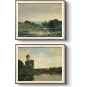 VIYYIEA Framed Vintage Landscape Wall Art Set of 2, Classical Nature Scene Canvas Painting Print, Rustic Home Decor for Living Room and Bedroom, 16x20 Inch (The riverbank at dusk)