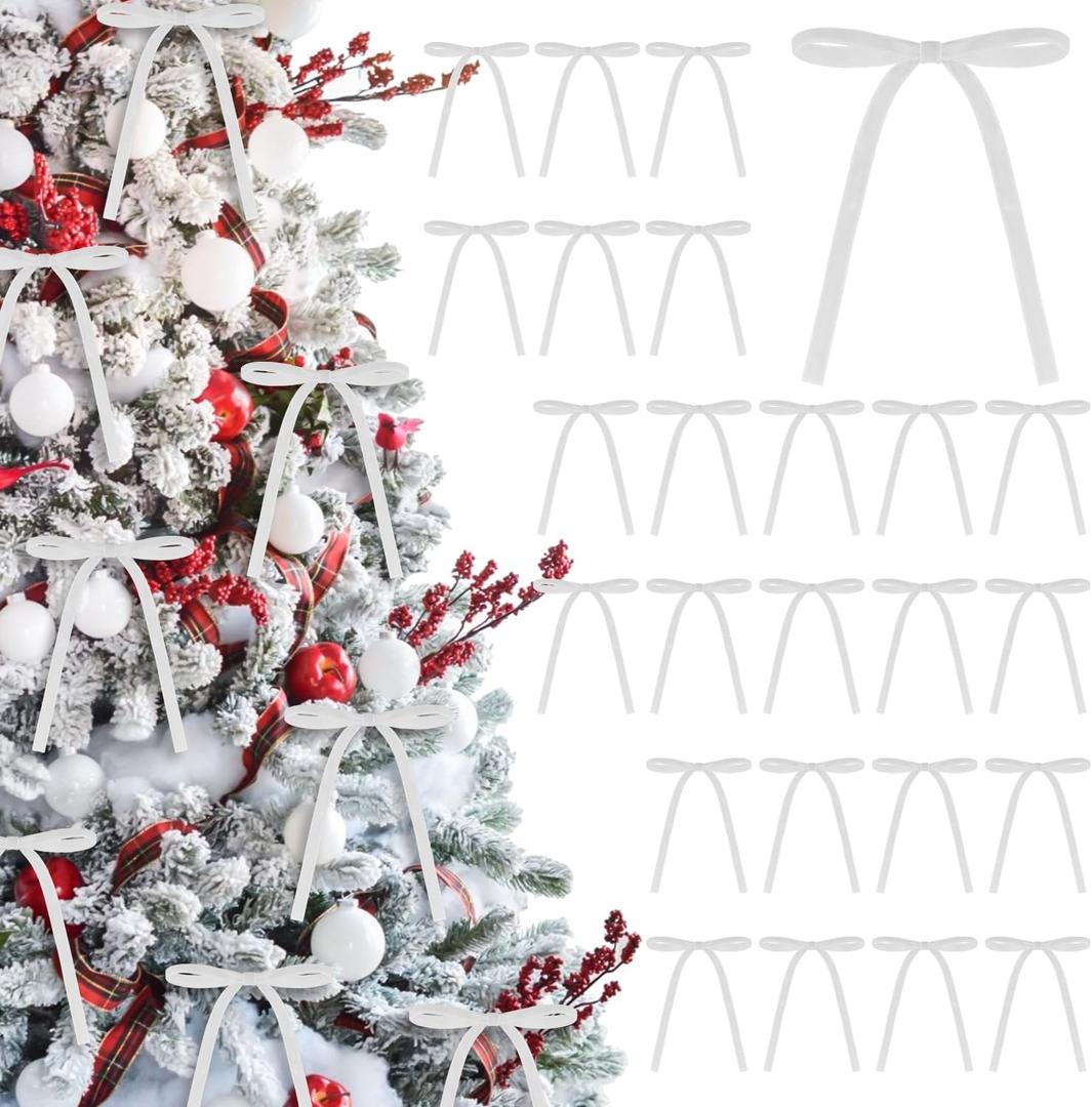 24 Pcs Velvet Christmas Bows 5 x 7 Inch Rustic Velvet Small Ribbon Gift Bow for Xmas Tree Ornaments DIY Craft Wreaths Garlands Indoor Outdoor Home Decorations (White)