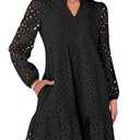 Caracilia Womens Dresses Long Sleeve V Neck Eyelet Hollow Out Fall Casual Flowy Swing Boho Tiered 2026 Mini Short Dress Black, M