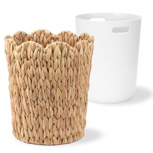 2.6 Gallon Scalloped Edge Wicker Waste Basket with Removable Plastic Liner, Handwoven Rattan Trash Can for Bathroom, Bedroom, Office, Home