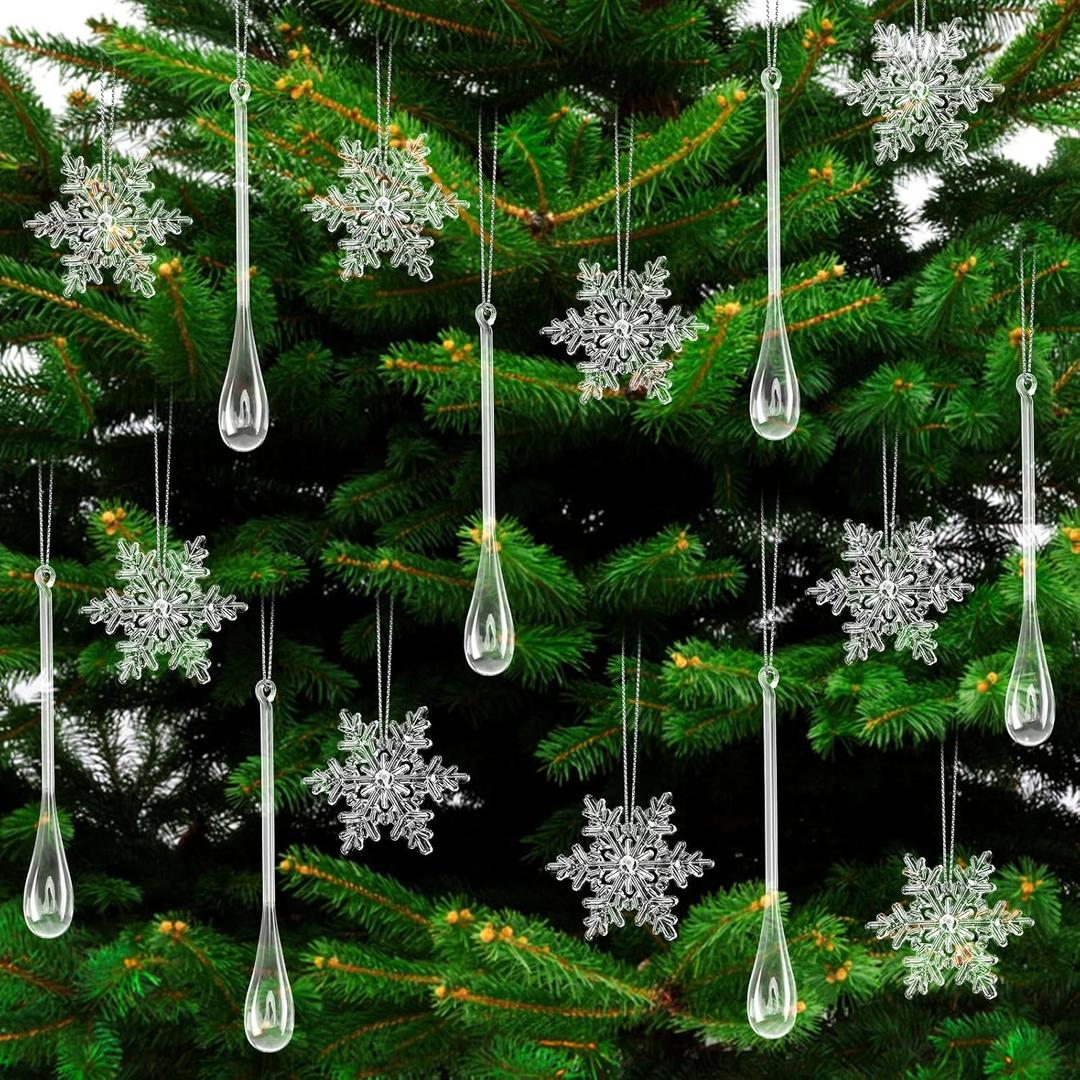 Bencailor 36 Pcs Acrylic Christmas Snowflake Icicles Ornaments for Tree Crystal Diamond Hanging Decorations Clear Drop Christmas Crystal Ornaments Drop for New Year Winter Party Supplies
