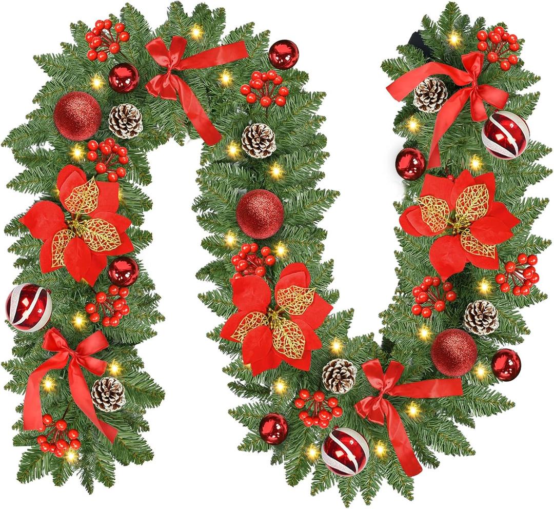 Christmas Garland with Lights, 9FT 30 LED Prelit Christmas Garland with Pinecones, Flowers, Bows, Outdoor Indoor Christmas Decorations Garland Battery Operated with Timer for Stairs, Mantel, Door, Window