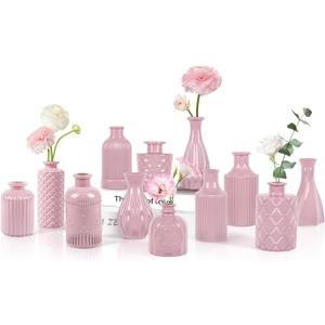 TBWIND Blush Pink Glass Bud Vase Set of 12 Mini Vintage Vases for Flowers, Centerpieces, Wedding & Home Dcor