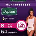 Depend Night Defense Adult Diapers, Incontinence & Postpartum Bladder Leak Underwear for Women, Disposable, Overnight, Small, Blush, 64 Count (4 Packs of 16) 