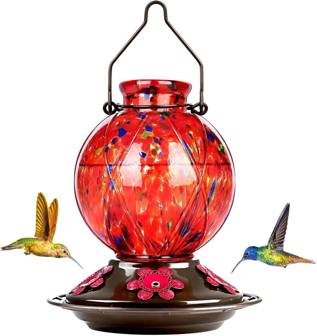 Hummingbird Feeder, BOLITE Glass Hummingbird Feeders for Outdoors Hanging, 20 Ounces, Leak Proof, Meshy Texture Ball Shape Bottle, Red, Birthday Gifts for Women Men, Gifts for Mom Dad