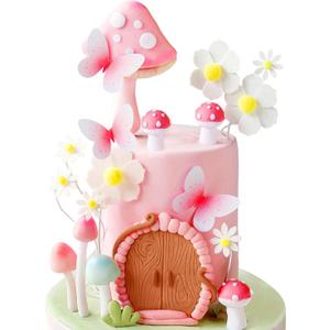 Pink Mushroom Cake Topper Fairy Birthday Party Decorations Forest Fairy Cake Decoration Woodland Mushroom Cottage Bridal Shower Wedding Flower Tea Party Supplies