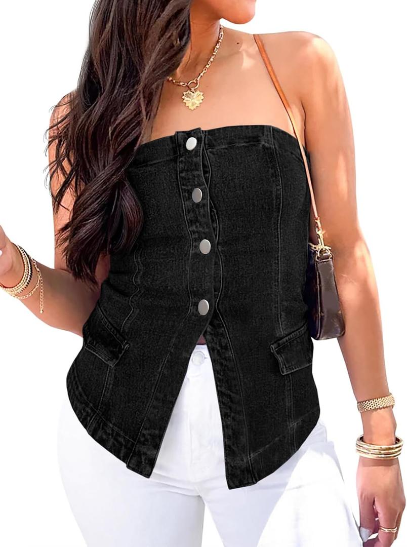Cicy Bell Womens Strapless Denim Vest Summer Button Down Jean Tube Tops Y2k Going Out Fitted Bandeau Shirts Waistcoat