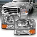 AmeriLite for 1999-2004 Ford Super Duty F250 F350 F450 F550 | Excursion Chrome Factory Style Replacement Headlights w/Corner Bumper Corner Set - Passenger and Driver Side