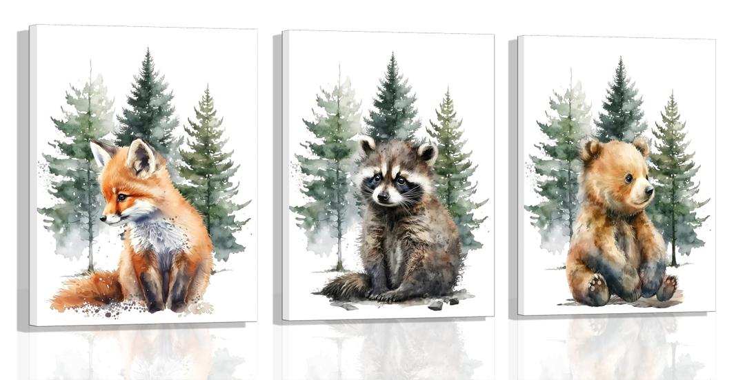 3pcs Framed Forest Watercolor Canvas Wall Art Set